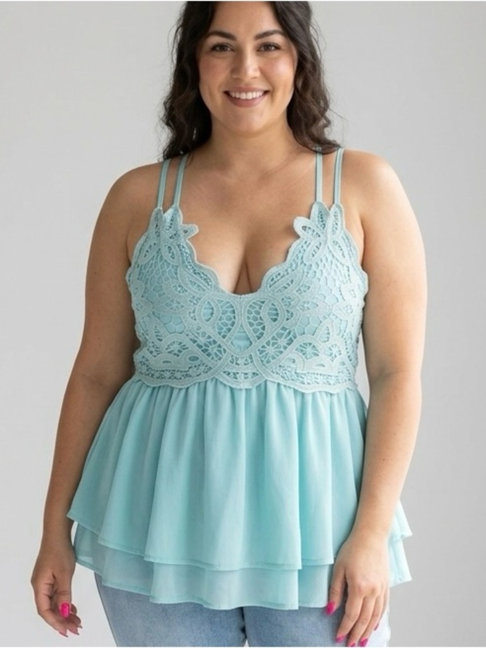 Babydoll Crochet Lace Camisole Tank Top Aqua Blue XL Boho Fairy Y2K WhimsiGoth